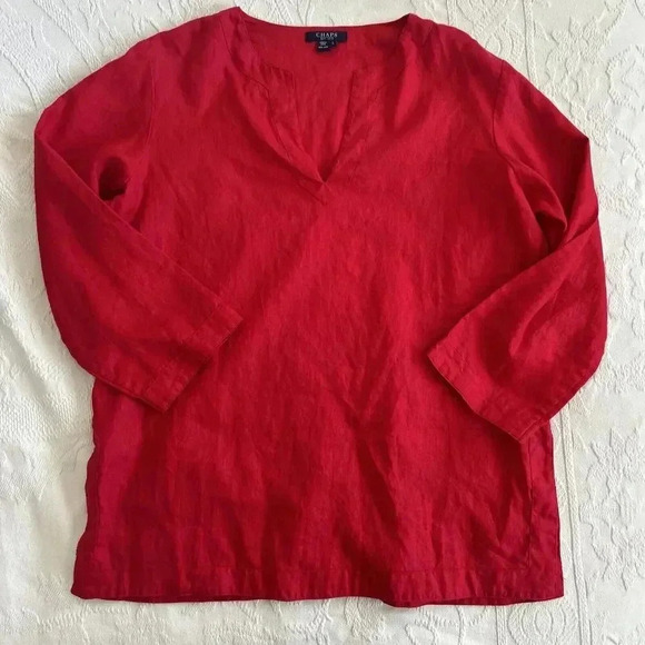 CHAPS BRIGHT RED SPLIT NECK SHIRT 100% LINEN TUNIC PULLOVER SZ Large TOP BLOUSE - Picture 10 of 11
